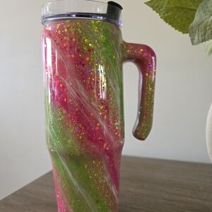 Glittery Pink and Green Swirl Tumbler